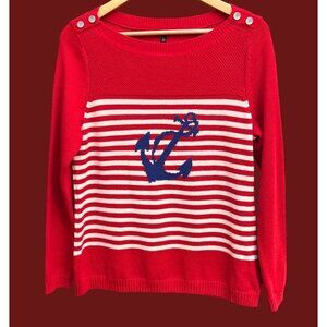 Talbots Petites Nautical Stripe Anchor Sweater Button Shoulder Preppy Coastal LP